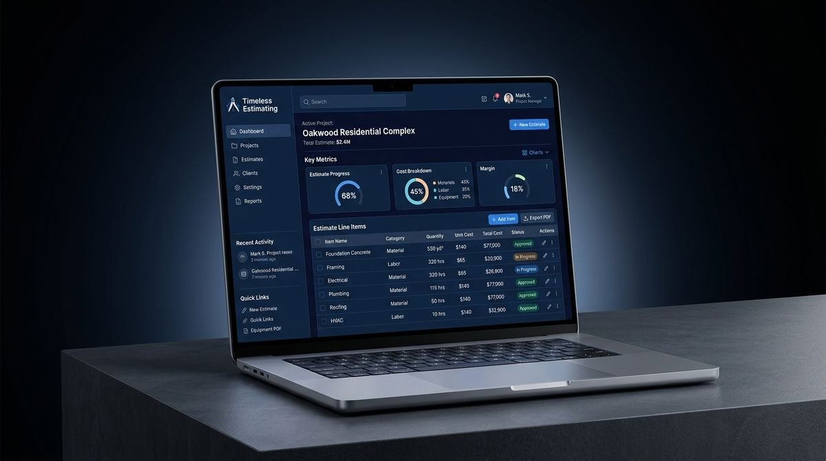 Timeless Estimating construction estimating website shown on screen